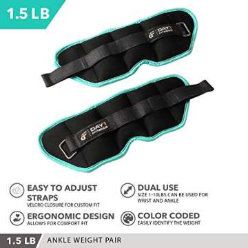 Day 1 Fitness Ankle Weight Pair 1.5 LBS - Adjustable Velcro Straps for Comfort and Performance