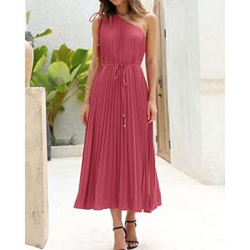 BTFBM Women's Drawstring One Shoulder Maxi Dresses Summer Sleeveless Tie Waist Pleated Long Flowy Pa...