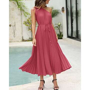 BTFBM Women's Drawstring One Shoulder Maxi Dresses Summer Sleeveless Tie Waist Pleated Long Flowy Party Cocktail Dress(Solid Bean Paste Red, Medium)
