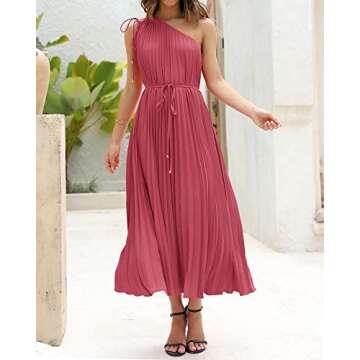 BTFBM Women's Drawstring One Shoulder Maxi Dresses Summer Sleeveless Tie Waist Pleated Long Flowy Party Cocktail Dress(Solid Bean Paste Red, Medium)