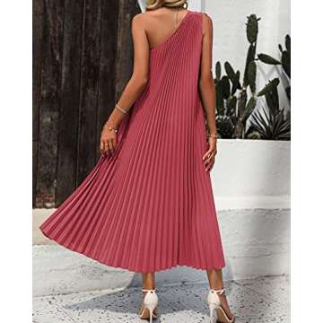 BTFBM Women's Drawstring One Shoulder Maxi Dresses Summer Sleeveless Tie Waist Pleated Long Flowy Party Cocktail Dress(Solid Bean Paste Red, Medium)