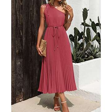BTFBM Women's Drawstring One Shoulder Maxi Dresses Summer Sleeveless Tie Waist Pleated Long Flowy Party Cocktail Dress(Solid Bean Paste Red, Medium)