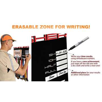 Sports Marathon Medal Display Rack For Runners with Writing Notes Area Hanger for 50 plus Medals Holder for 100 Runner Race Bibs Photos Memorabilia Includes 12 Vinyl Flip Pouches + Whiteboard Mark