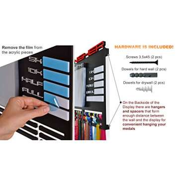 Sports Marathon Medal Display Rack For Runners with Writing Notes Area Hanger for 50 plus Medals Holder for 100 Runner Race Bibs Photos Memorabilia Includes 12 Vinyl Flip Pouches + Whiteboard Mark