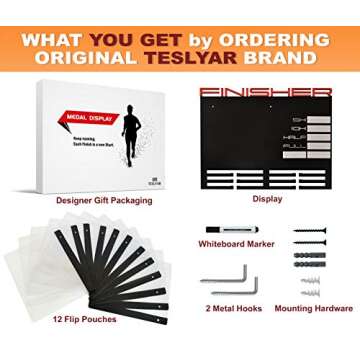 Sports Marathon Medal Display Rack For Runners with Writing Notes Area Hanger for 50 plus Medals Holder for 100 Runner Race Bibs Photos Memorabilia Includes 12 Vinyl Flip Pouches + Whiteboard Mark