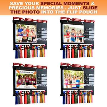 Sports Marathon Medal Display Rack For Runners with Writing Notes Area Hanger for 50 plus Medals Holder for 100 Runner Race Bibs Photos Memorabilia Includes 12 Vinyl Flip Pouches + Whiteboard Mark
