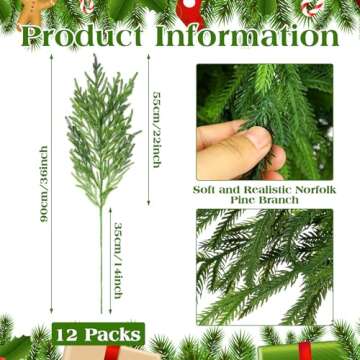 Zeyune 12 Pcs 36 Inch Christmas Norfolk Pine Branches Artificial Norfolk Pine Stem Realistic Greener...