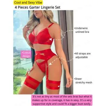 Kaei&Shi Garter Belt Thong Lingerie For Women,Strappy Hollow Out Sexy Lingerie,Underwire Mesh Sheer ...