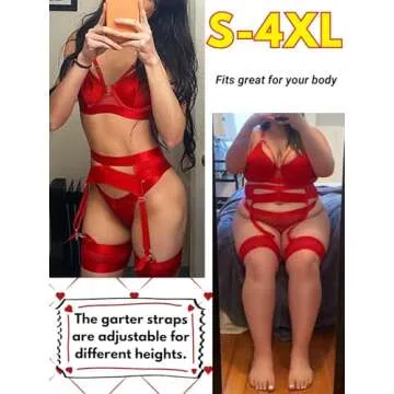 Kaei&Shi Garter Belt Thong Lingerie For Women,Strappy Hollow Out Sexy Lingerie,Underwire Mesh Sheer Matching 4 Piece Lingerie Set Valentine Day Red Medium
