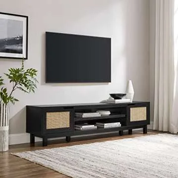 Walker Edison Destin Modern Minimal Rattan-Door TV Stand for 80 Inch TVs, 70 Inch, Stylish Black