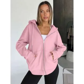 Trendy Queen Womens Zip Up Hoodies Oversized Sweatshirts Fall Fashion Outfits Casual Jackets 2025 Winter Clothes Pink M