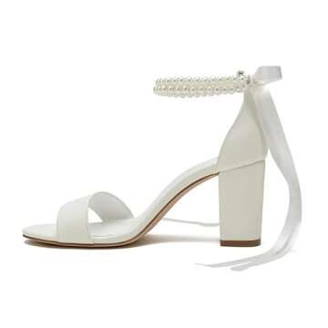 YLFYWON Women's Wedding Block Heels for Bride Women Pearls Chunky Heeled Pumps Open Toe Bridal Shoes Sandals Ivory US7
