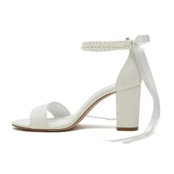 YLFYWON Women's Wedding Block Heels for Bride Women Pearls Chunky Heeled Pumps Open Toe Bridal Shoes Sandals Ivory US7