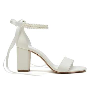 YLFYWON Women's Wedding Block Heels for Bride Women Pearls Chunky Heeled Pumps Open Toe Bridal Shoes Sandals Ivory US7