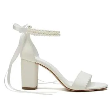 YLFYWON Women's Wedding Block Heels for Bride Women Pearls Chunky Heeled Pumps Open Toe Bridal Shoes Sandals Ivory US7