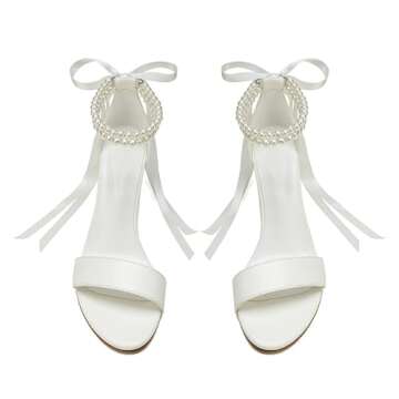 YLFYWON Women's Wedding Block Heels for Bride Women Pearls Chunky Heeled Pumps Open Toe Bridal Shoes Sandals Ivory US7
