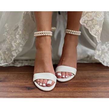 YLFYWON Women's Wedding Block Heels for Bride Women Pearls Chunky Heeled Pumps Open Toe Bridal Shoes Sandals Ivory US7