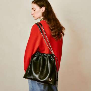 LA FESTIN Leather Shoulder Bag for Women: Drawstring Crossbody Purse Black Hobo Tote Bag Trendy Hand...