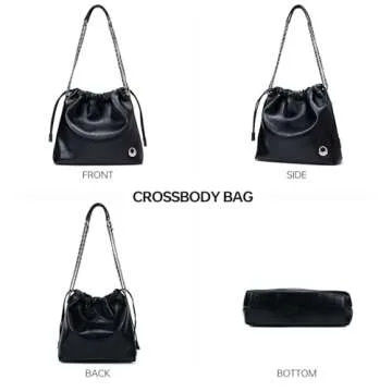 LA FESTIN Leather Shoulder Bag for Women: Drawstring Crossbody Purse Black Hobo Tote Bag Trendy Handbag - Suitable for Travel Daily Occasions with Pockets