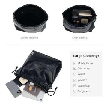 LA FESTIN Leather Shoulder Bag for Women: Drawstring Crossbody Purse Black Hobo Tote Bag Trendy Handbag - Suitable for Travel Daily Occasions with Pockets
