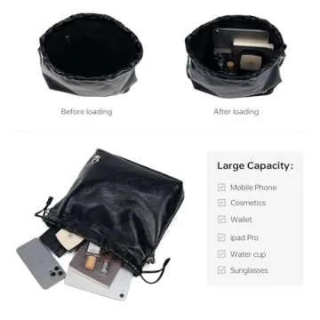 LA FESTIN Leather Shoulder Bag for Women: Drawstring Crossbody Purse Black Hobo Tote Bag Trendy Handbag - Suitable for Travel Daily Occasions with Pockets