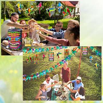 11 Piece Multicolor Luau Party Decor Set - Includes 4 Hawaii Paper Lanterns, 6 Tropical Birds Honeycomb Cutouts, and 1 Hibiscus Garland for Hawaiian Themed Parties