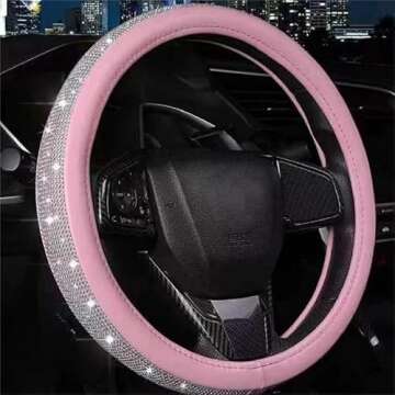 Steering Wheel Cover Women Pink Bling Diamond Steering Wheel Cover, Leather Cute Steering Wheel Cove...