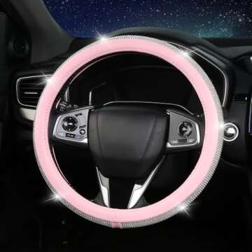 Steering Wheel Cover Women Pink Bling Diamond Steering Wheel Cover, Leather Cute Steering Wheel Covers with Crystal Rhinestones, Breathable, Anti-Slip Universal Fit 14-15 Inch Bling Car Accessories