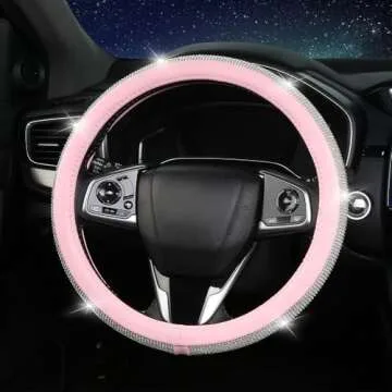 Steering Wheel Cover Women Pink Bling Diamond Steering Wheel Cover, Leather Cute Steering Wheel Covers with Crystal Rhinestones, Breathable, Anti-Slip Universal Fit 14-15 Inch Bling Car Accessories