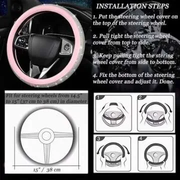 Steering Wheel Cover Women Pink Bling Diamond Steering Wheel Cover, Leather Cute Steering Wheel Covers with Crystal Rhinestones, Breathable, Anti-Slip Universal Fit 14-15 Inch Bling Car Accessories