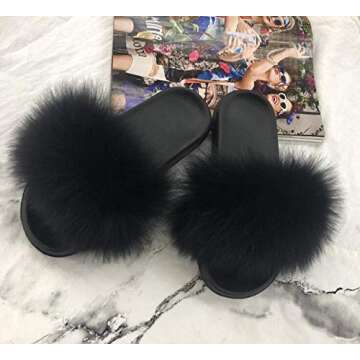 Valpeak Fur Slippers Slides for Women Open Toe Fuzzy Fur Slippers Girls Fluffy House Slides Outdoor ...