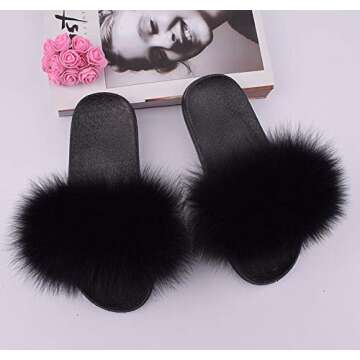 Valpeak Fur Slippers Slides for Women Open Toe Fuzzy Fur Slippers Girls Fluffy House Slides Outdoor Indoor (Black,8-9)