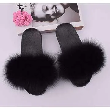 Valpeak Fur Slippers Slides for Women Open Toe Fuzzy Fur Slippers Girls Fluffy House Slides Outdoor Indoor (Black,8-9)