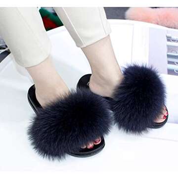 Valpeak Fur Slippers Slides for Women Open Toe Fuzzy Fur Slippers Girls Fluffy House Slides Outdoor Indoor (Black,8-9)