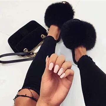 Valpeak Fur Slippers Slides for Women Open Toe Fuzzy Fur Slippers Girls Fluffy House Slides Outdoor Indoor (Black,8-9)