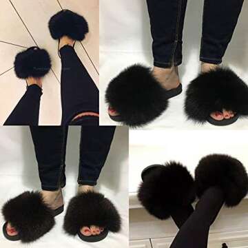 Valpeak Fur Slippers Slides for Women Open Toe Fuzzy Fur Slippers Girls Fluffy House Slides Outdoor Indoor (Black,8-9)