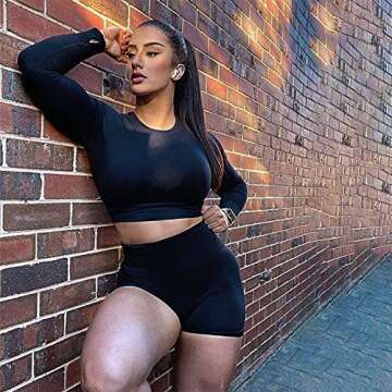 Yoga Outfits for Women 2 Piece Workout Sets Seamless Athletic Long Sleeves Crop Tops Shirt Thumb Hole and High Waist Tummy Control Leggings Biker Shorts Sets Gym Clothes Z-Black(Long Sleeve) Large