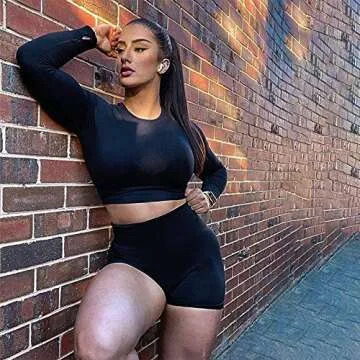 Yoga Outfits for Women 2 Piece Workout Sets Seamless Athletic Long Sleeves Crop Tops Shirt Thumb Hole and High Waist Tummy Control Leggings Biker Shorts Sets Gym Clothes Z-Black(Long Sleeve) Large