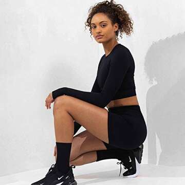 Yoga Outfits for Women 2 Piece Workout Sets Seamless Athletic Long Sleeves Crop Tops Shirt Thumb Hole and High Waist Tummy Control Leggings Biker Shorts Sets Gym Clothes Z-Black(Long Sleeve) Large