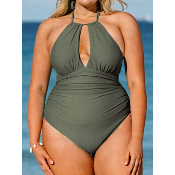 CUPSHE Women's Plus Size One Piece Swimsuit Green Halter Shirring Bikini, Size 3X