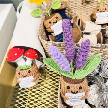 Handmade Crochet Mini Funny Potted-Positive Emotional Support Plant,Crochet Desk Decor,Crochet Flower Decor,Gift for Friends,Mother's Day Gift,Encouragement Gifts (Lavender)