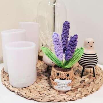 Handmade Crochet Mini Funny Potted-Positive Emotional Support Plant,Crochet Desk Decor,Crochet Flower Decor,Gift for Friends,Mother's Day Gift,Encouragement Gifts (Lavender)