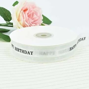 TONIFUL Happy Birthday Ribbon 1 Inch White Satin Silk Ribbons for Gift Wrapping 50 Yards Chiffon Organza Ribbon for Birthday Party Supplies Bouquet Wrapping Cake Box Wrapping Decoration