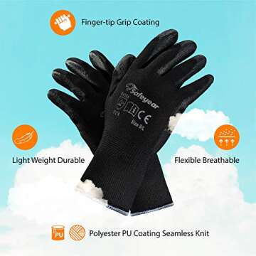 SAFEYEAR 12-Pairs PU Coated Work Gloves, Excellent Grip on Palm & Fingers,Polyurethane Coated Safety Work Gloves,Knit Wrist Cuff,for Men and Women,Ideal for General Duty Work (X-Large, Black)