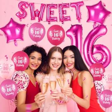 Pink Sweet 16 Birthday Decorations for Girls Hot Pink Sweet 16 Birthday Latex Balloons 40 Inch Number 16 Foil Balloons for Girls Women Hot Pink Sweet Sixteen Birthday Anniversary Party Supplies