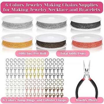 selizo Chains for Jewelry Making, 60ft Jewelry Making Chains for Necklace with Pliers, Open Jump Rings and Lobster Clasps for Making Jewelry DIY Necklace Bracelet Anklet, 6Colors 2mm