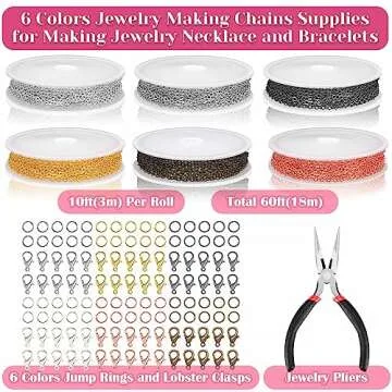 selizo Chains for Jewelry Making, 60ft Jewelry Making Chains for Necklace with Pliers, Open Jump Rings and Lobster Clasps for Making Jewelry DIY Necklace Bracelet Anklet, 6Colors 2mm