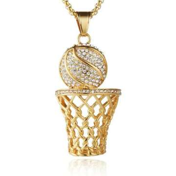 Basketball Rim CZ Inlay Pendant & Box Chain
