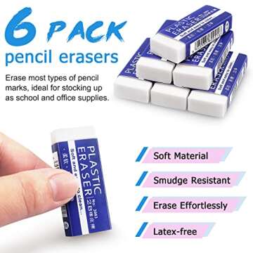 Tamaki 6 Pack White Pencil Erasers for School and Art