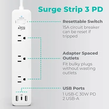 KMC USB-C PD Surge Protector 3-Outlet Power Strip 2-Pack